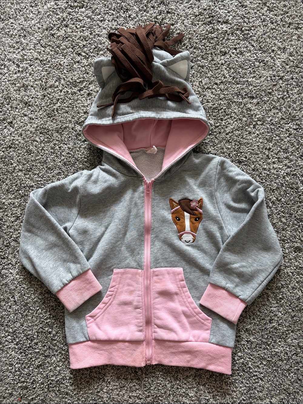 Doodle Pants Gray & Pink Horse Hoodie with Mane Hood